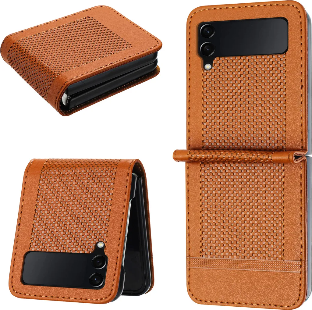 Cover Shockproof Samsung Z Flip 3 5G Pelle Marrone con Supporto Video