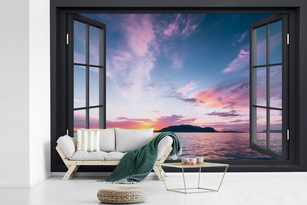 MuchoWow Fototapete für Wohnzimmer oder Schlafzimmer Wandtapete Vinyl Motivtapete Mit Blick auf - Meer - Sonnenuntergang - 420x280 cm - Zimmer f...