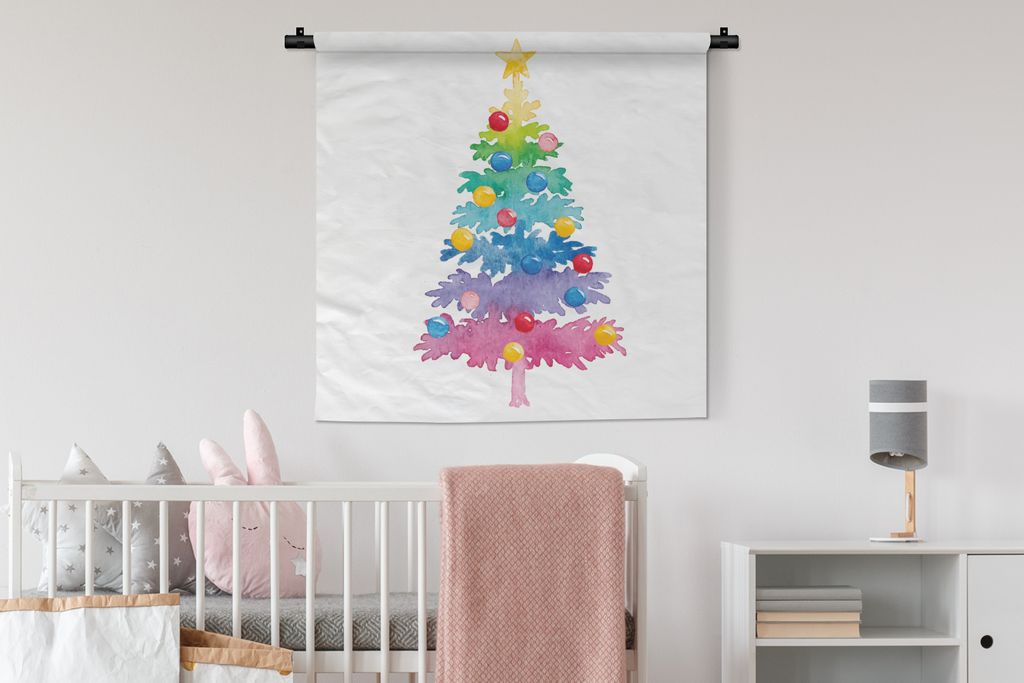 MuchoWow Wandteppich Wandbehang Illustration - Weihnachten - Weihnachtsbaum 90x90 cm Tapisserie Dekoration Wandtuch - Wandaufhänger