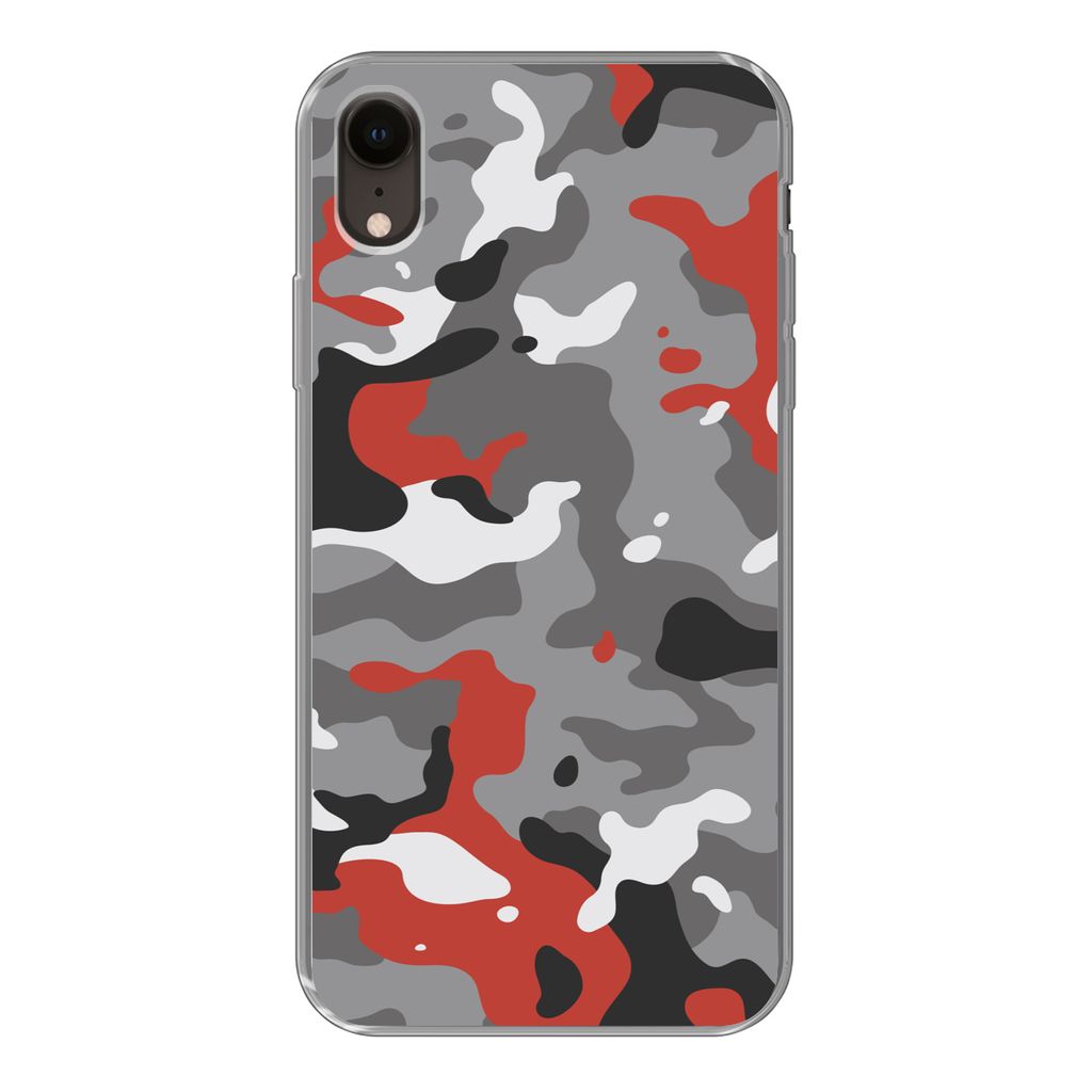 MuchoWow Handyhülle Schutzhülle Hülle für iPhone XR Camouflage-Muster mit roten Akzenten Silikon Softcase Handy Hülle - Schutzdeckel - Gebur...
