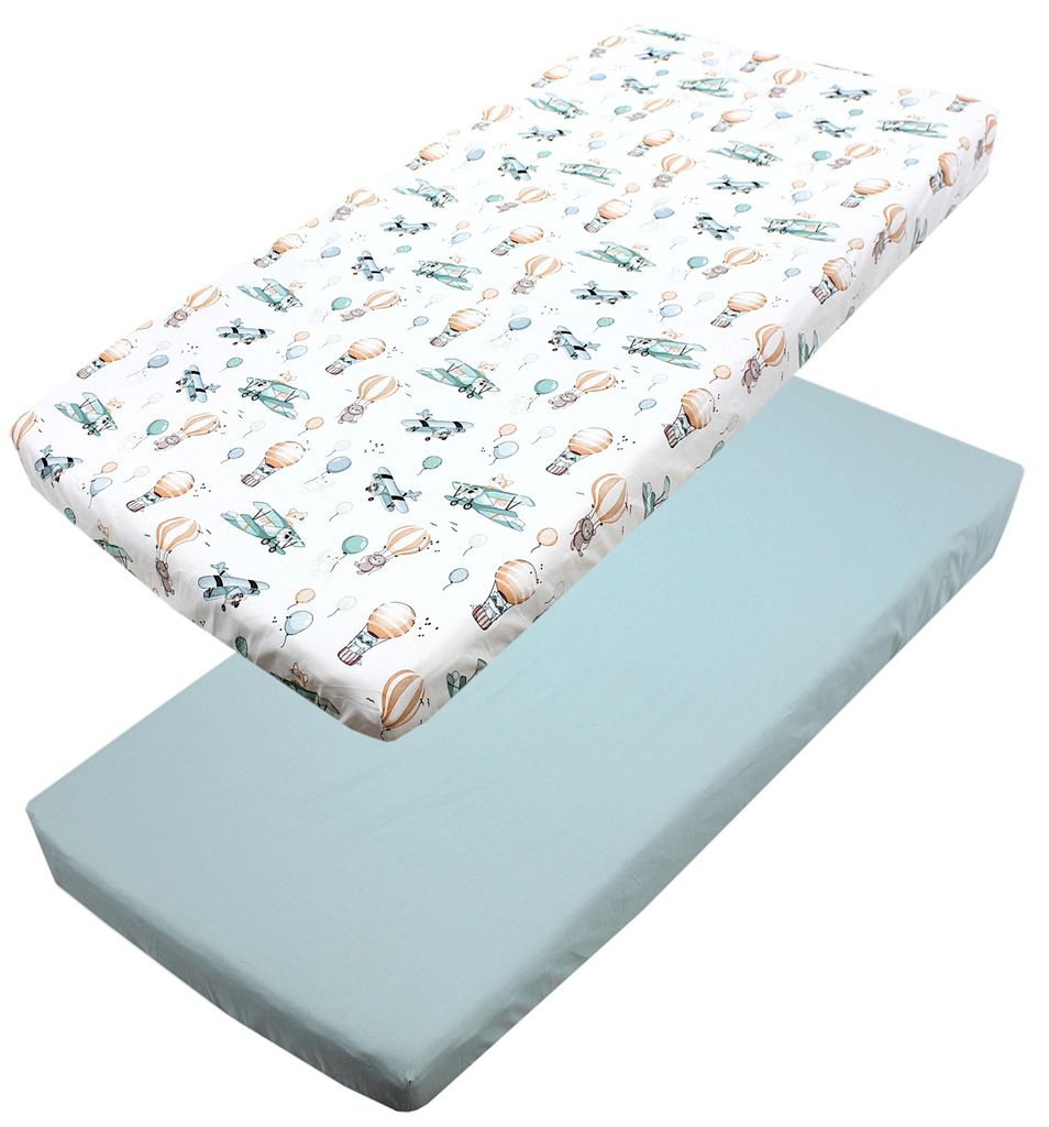TupTam Baby Spannbettlaken Kinder Spannbetttuch für Babybett Kinderbett 2er Pack, Farbe: Füchse im Flugzeug / Grün, Größe: 90 x 200 cm