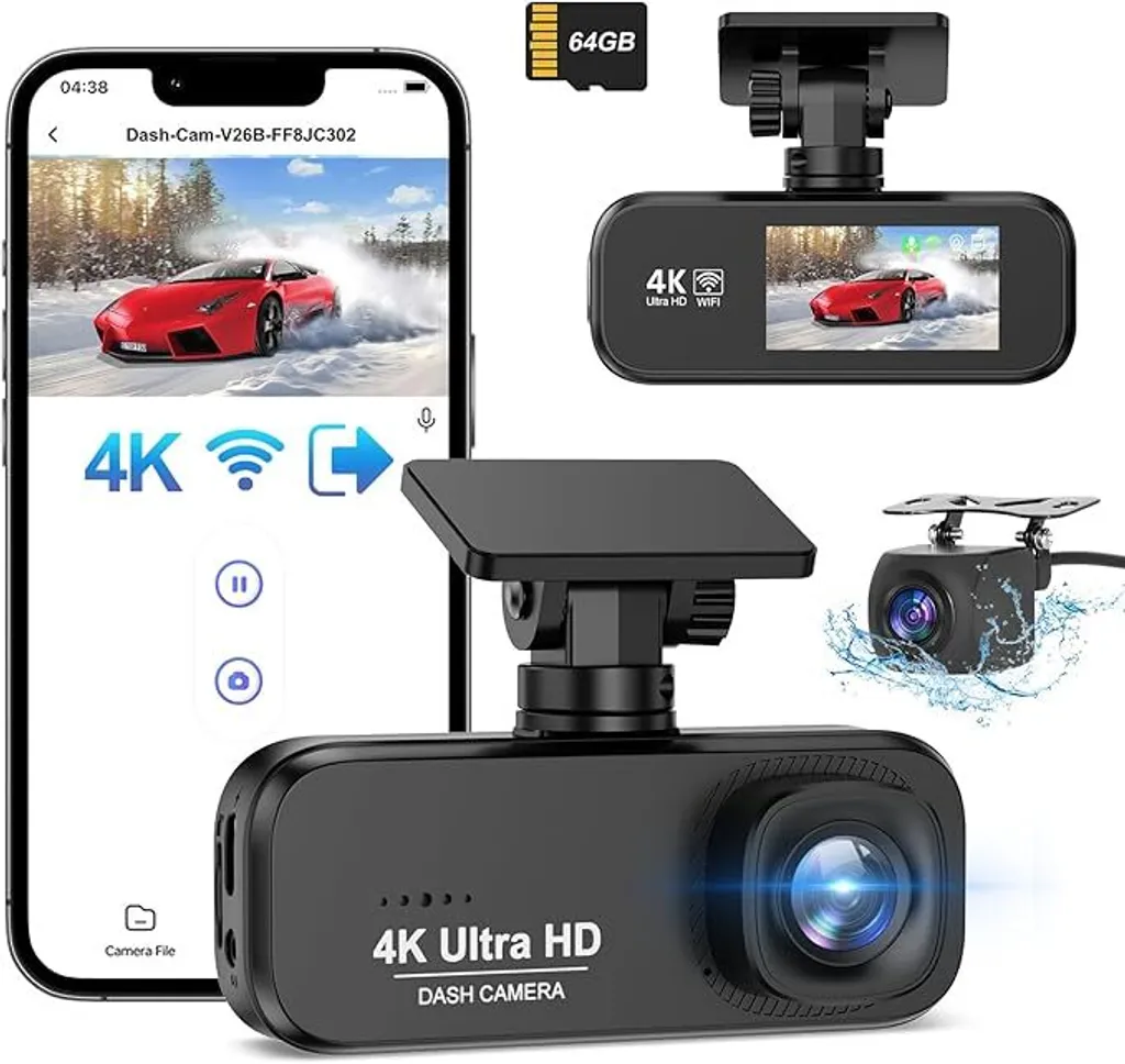 Dashcam voiture 4K avant et arrière avec WiFi et carte SD 64Go incluse