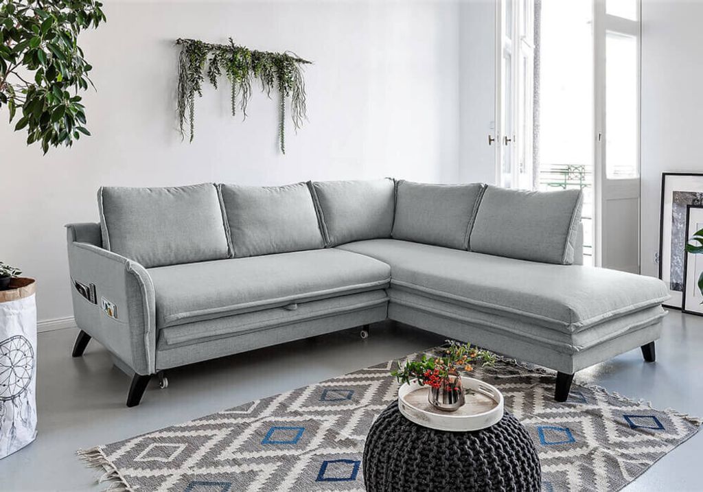 MIUFORM Charming Charlie - Ecksofa mit Bettfunktion und Bettkasten L-FORM RECHTS - 234x200cm - Hellgrau - Sofa Schlafsofa Couch