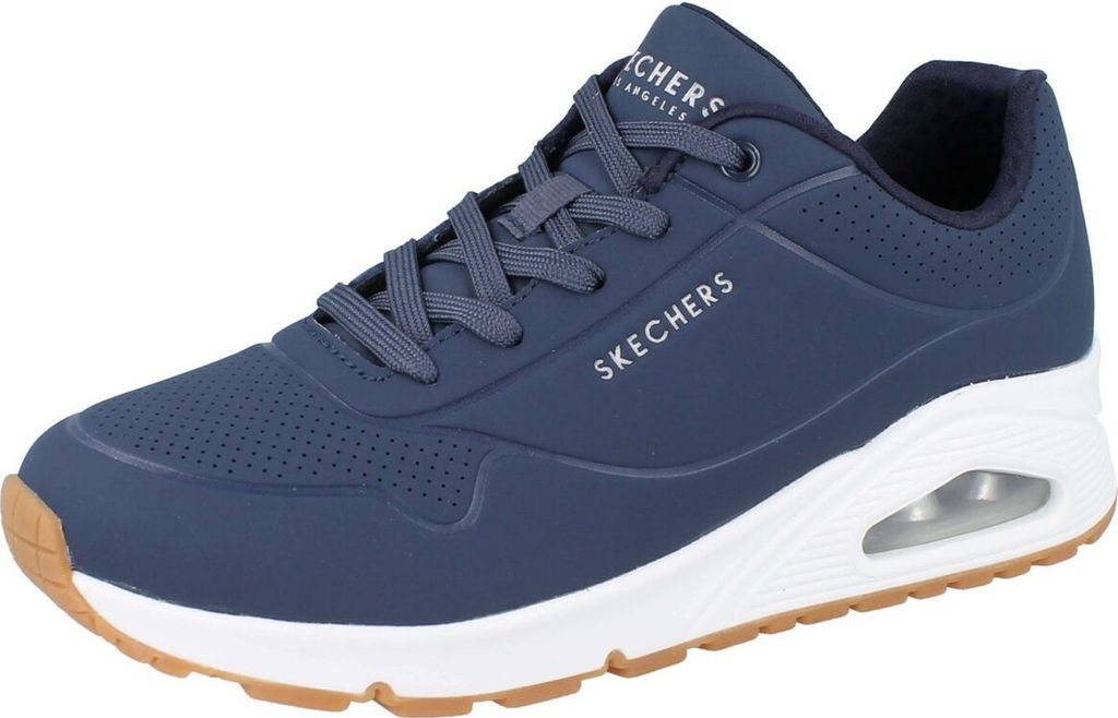 A single navy blue Skechers sneaker is shown against a white background.