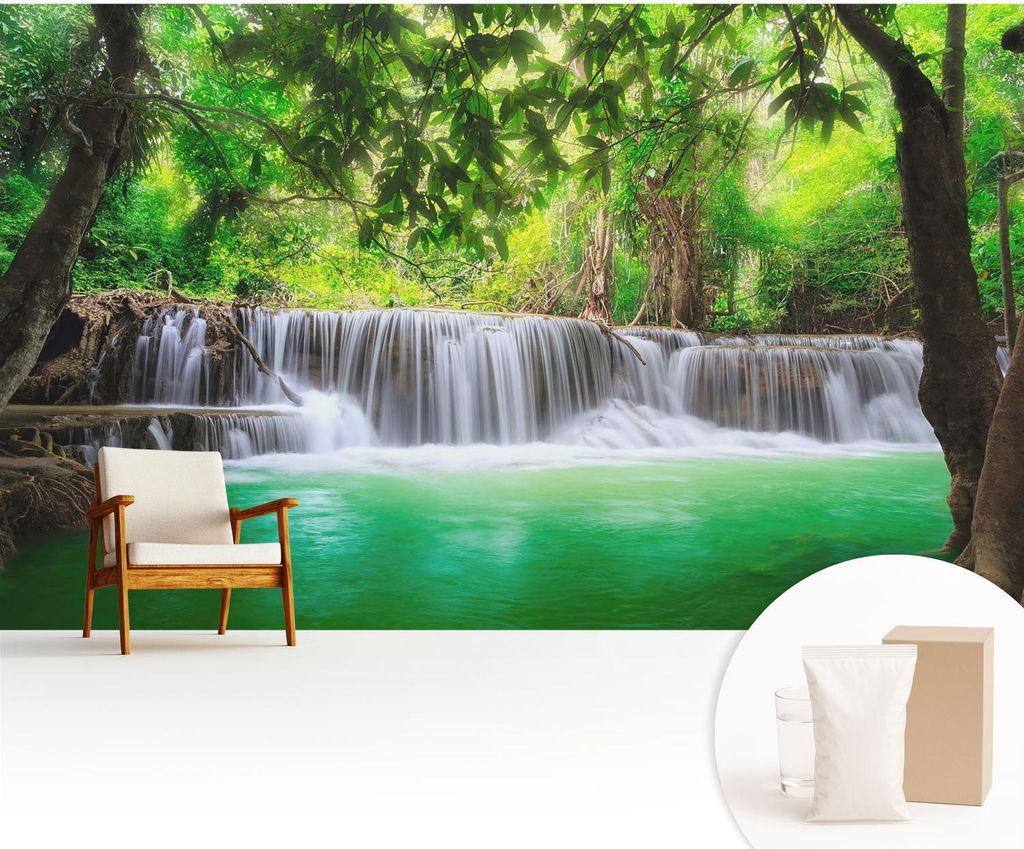 Fototapete - 416x254 cm - Tapete - Wandtapete - Wandbilder - Dekofolie - Tapete Folie - Wand - Dekoration - Wohnzimmer - Waldwasserfall