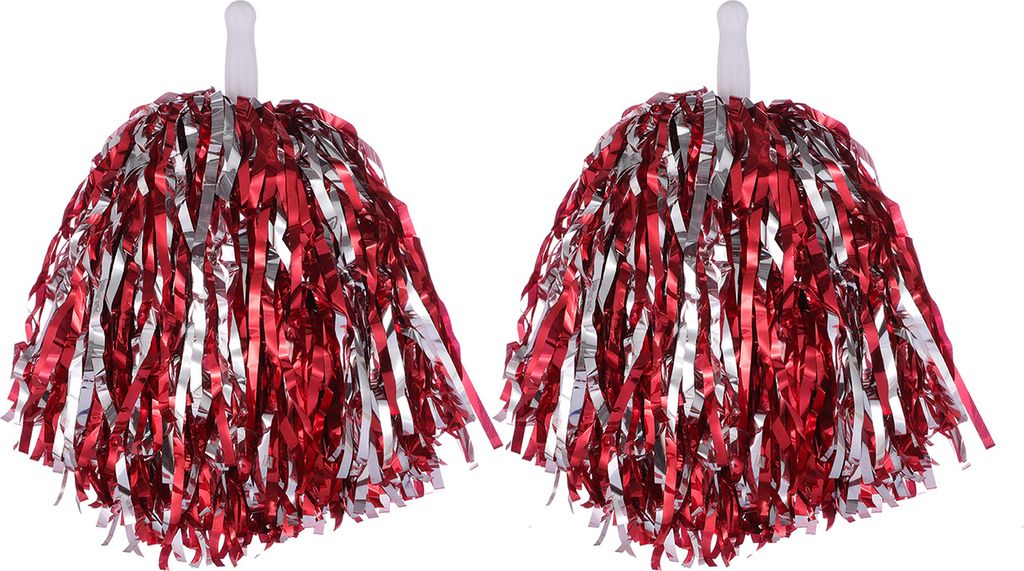 2 Stück Cheerleader-Pom-Poms aus Metallicfolie, Cheerleader-Pom-Poms, Handblumen mit Griff für Sportwettbewerbe, Feiern, Silber und Rot