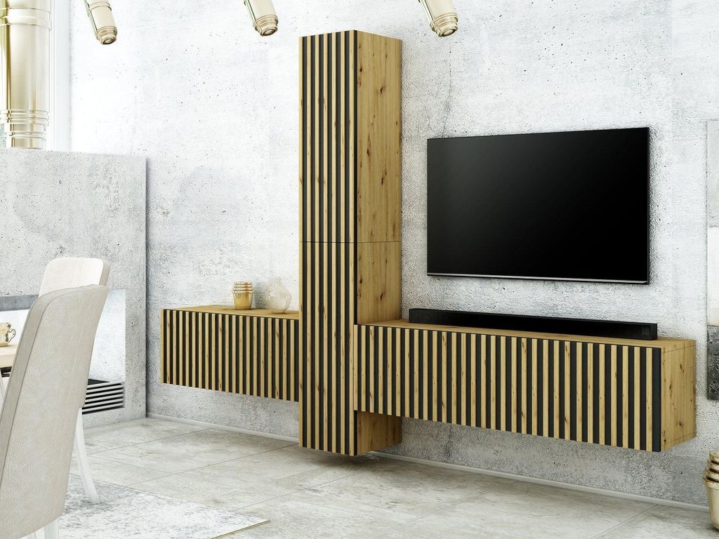 MONCLERO GF1 | Wohnwand TREND 16 Eiche Artisan – Wohnzimmer Möbel Set Loft mit Lamellen Hängend