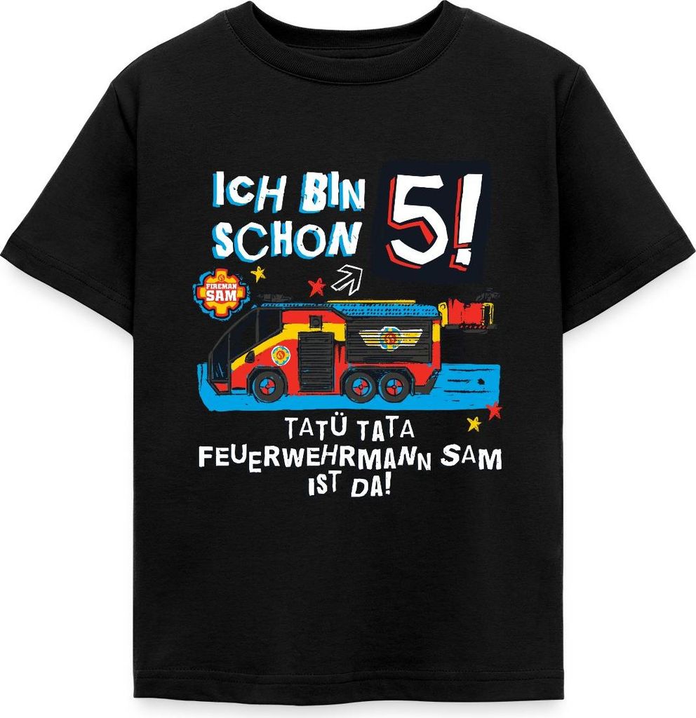 Spreadshirt Feuerwehrmann Sam Geburtstagsdesign 5 Jahre Kinder T-Shirt, 98/104 (3-4 Jahre), Schwarz