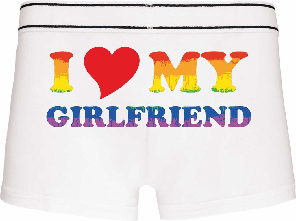 Boxershorts - Mann - Boxer-0072-man-white-h-XL - weiß - XL - hinten - LGBTQ - Flagge - I Love my Girlfriend - lustiges Motiv - Spruch - Unterwäsc...