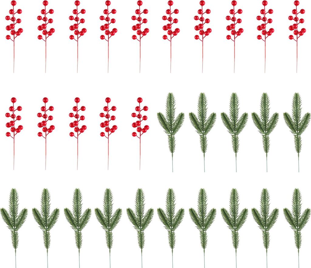 Künstliche Tannenzweige mit roten Beeren für Weihnachtsdekorationen, Blumengestecke, Tischdekoration für Zuhause und Büro