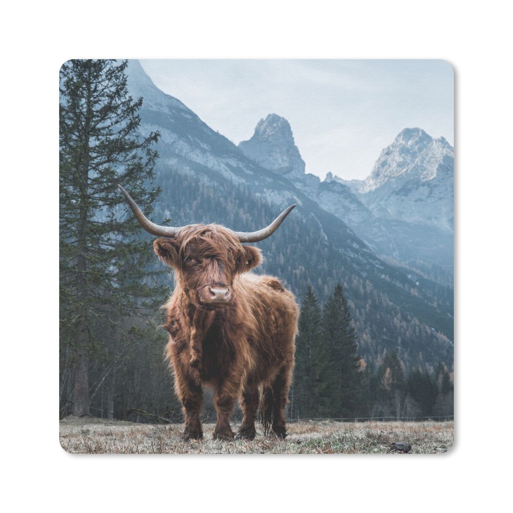 MuchoWow Mauspad Mousepad Schottische Highlander - Berg - Landschaft - Bäume - Kuh - Natur 20x20 cm - Mousepads - Maus Mat - Pad - Mausunterlage...