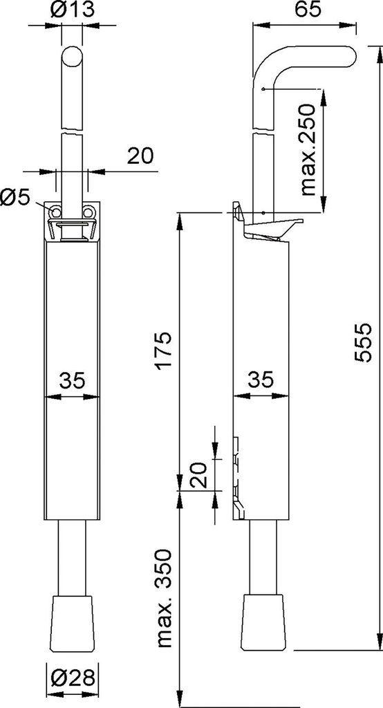 Türfeststeller 1048 Hub 250 mm, 35 x 555 mm, Aluminium silber lackiert