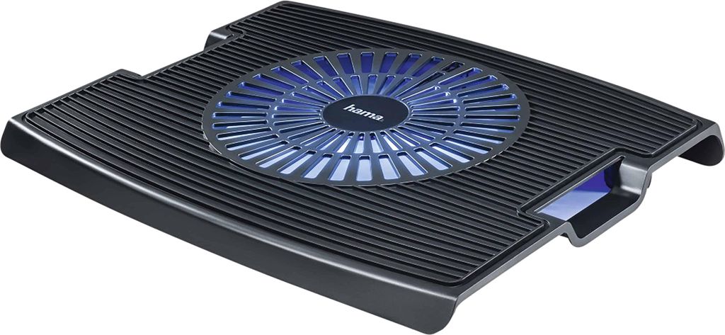 A black notebook cooler with a blue illuminated fan.
