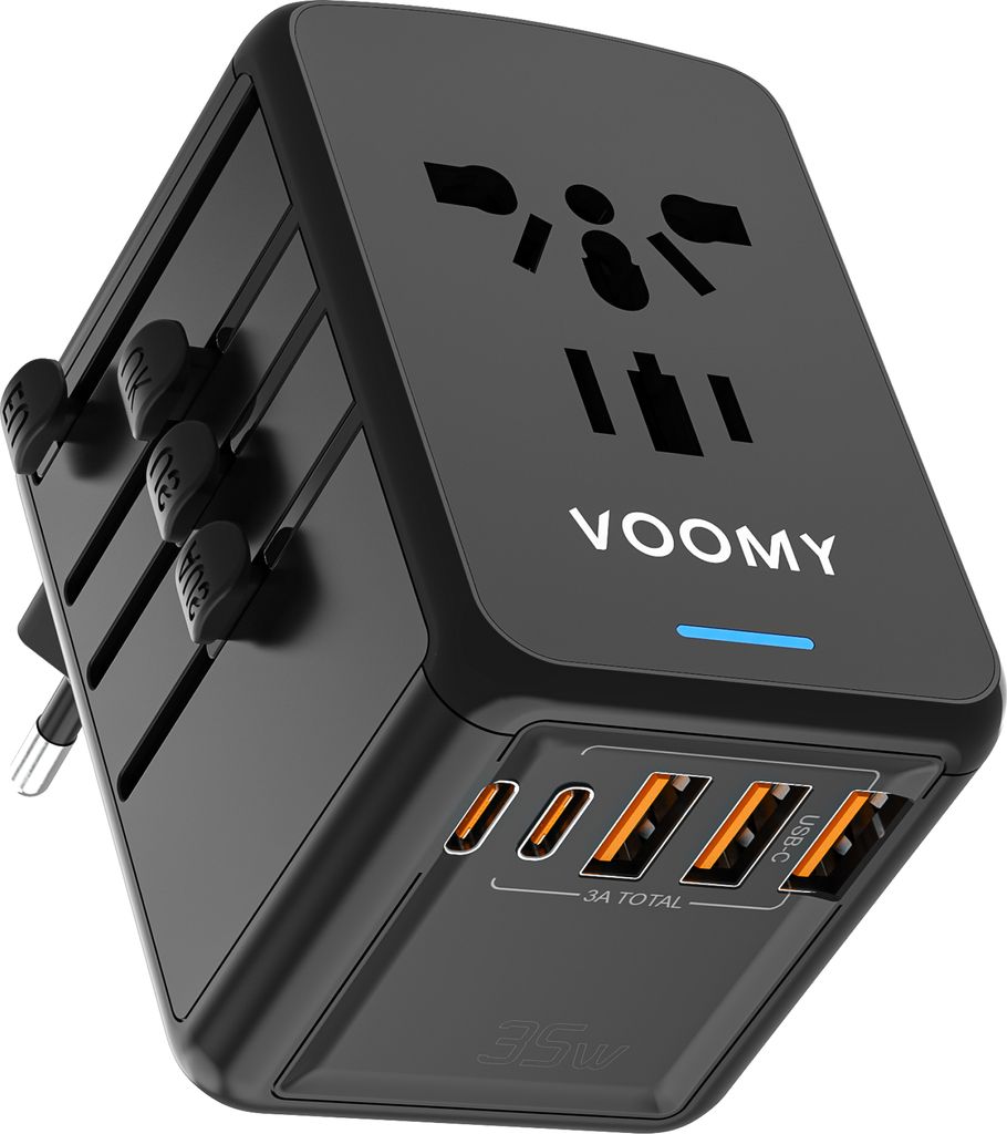 VOOMY Reiseadapter Weltweit 6-in-1 – Für 170+ Länder – Universal Reiseadapter mit 4 USB-Ports – 3x USB-C 35W und 2x USB-A – Kompakter Wel...