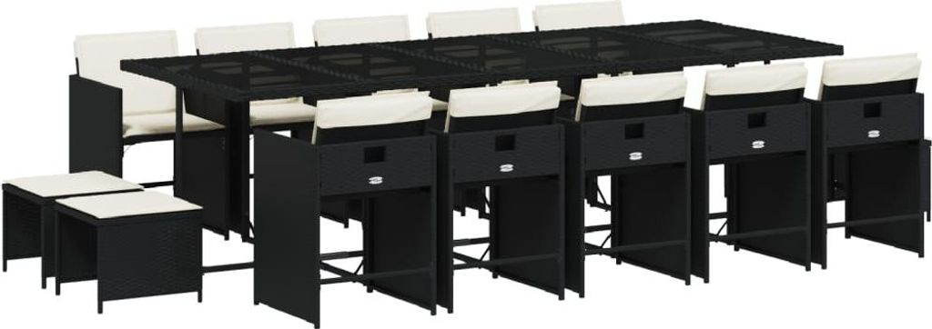 vidaXL 15-tlg. Garten-Essgruppe mit Kissen Schwarz Poly Rattan