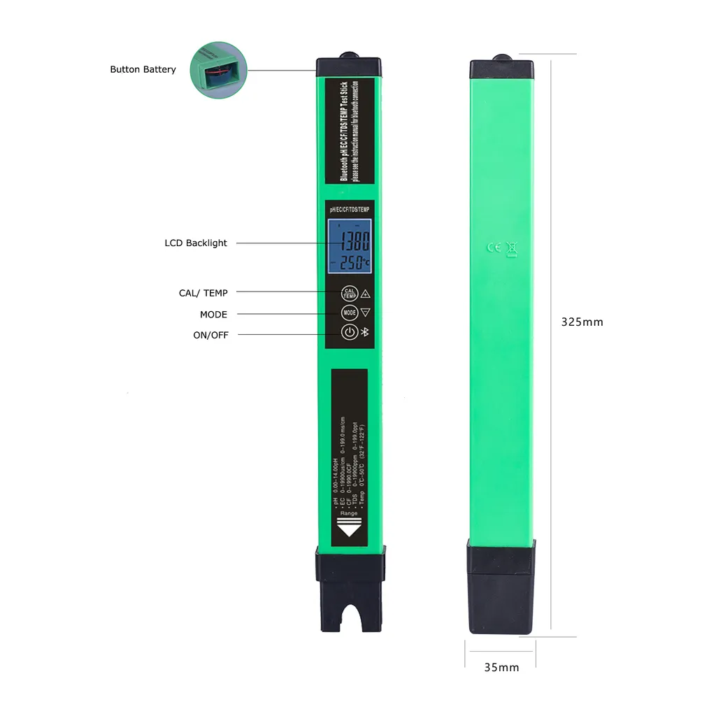 Analyseur d'eau connecté 5-en-1 avec capteur pH et conductivité TDS EC