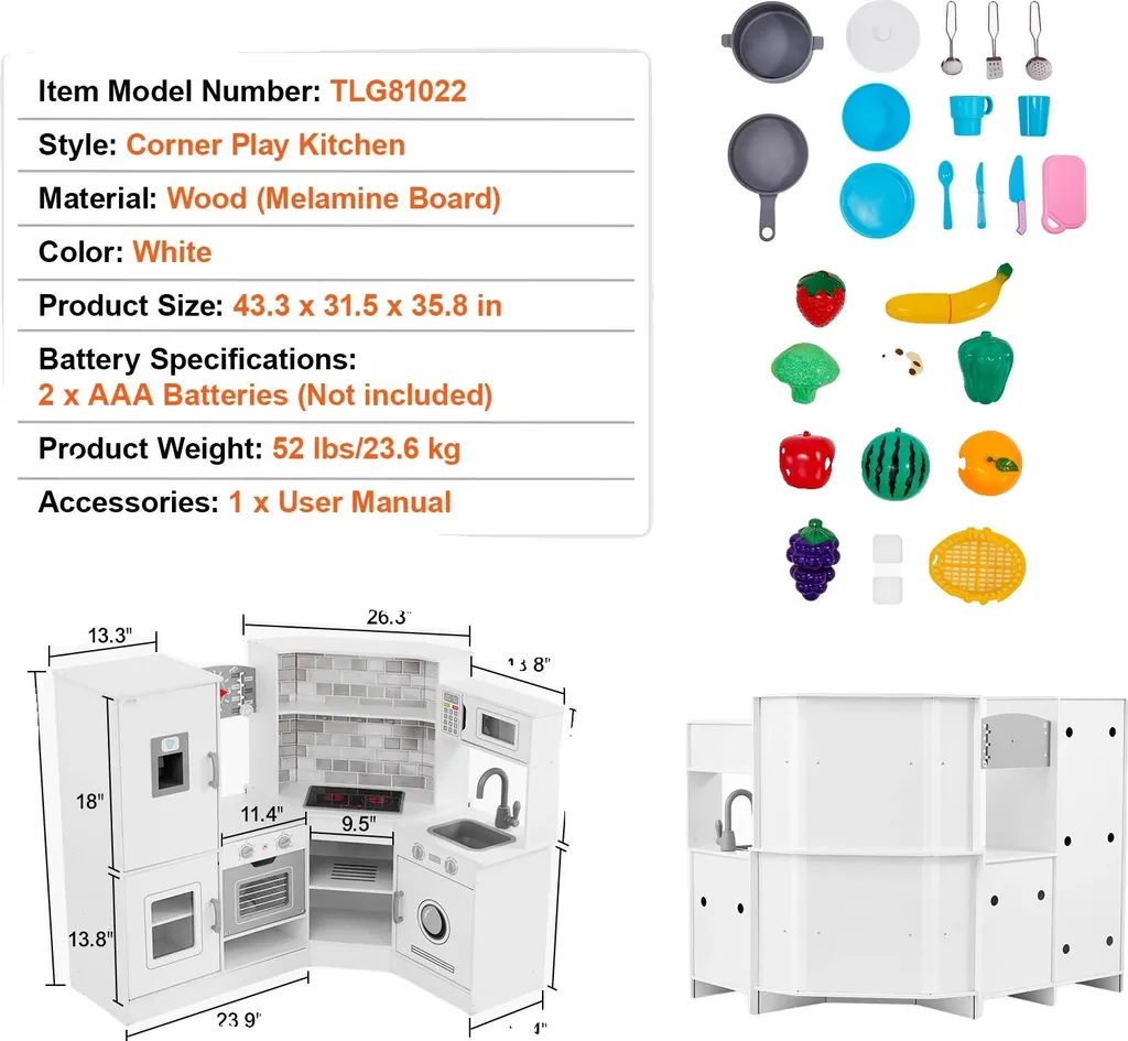 Cuisine bois enfant d'angle 90° design blanc avec set de 24 accessoires