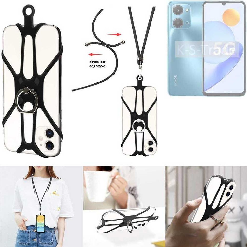 K-S-Trade 3in1 Handykette Handyband Handykordel Halsband Smartphone-Ring Handy-Ring kompatibel mit Honor Play 7T Fingerhalterung Handyring