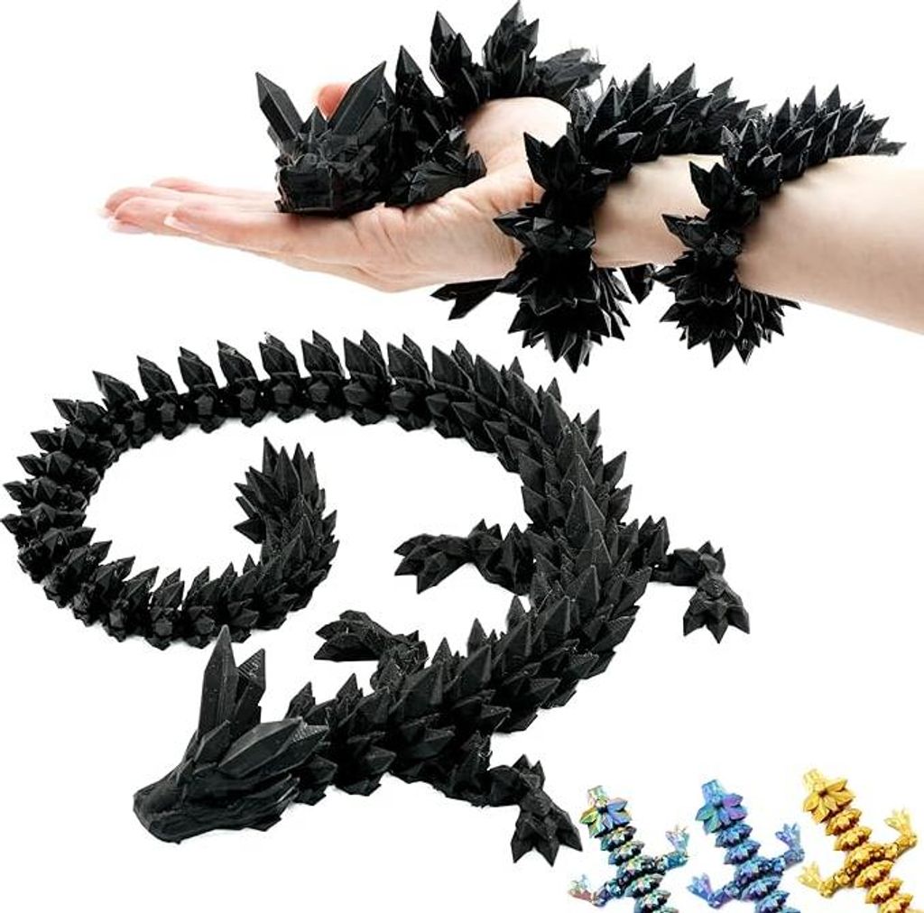 A hand holding a black 3D printed dragon toy, with another part of the dragon's body wrapped around the arm.