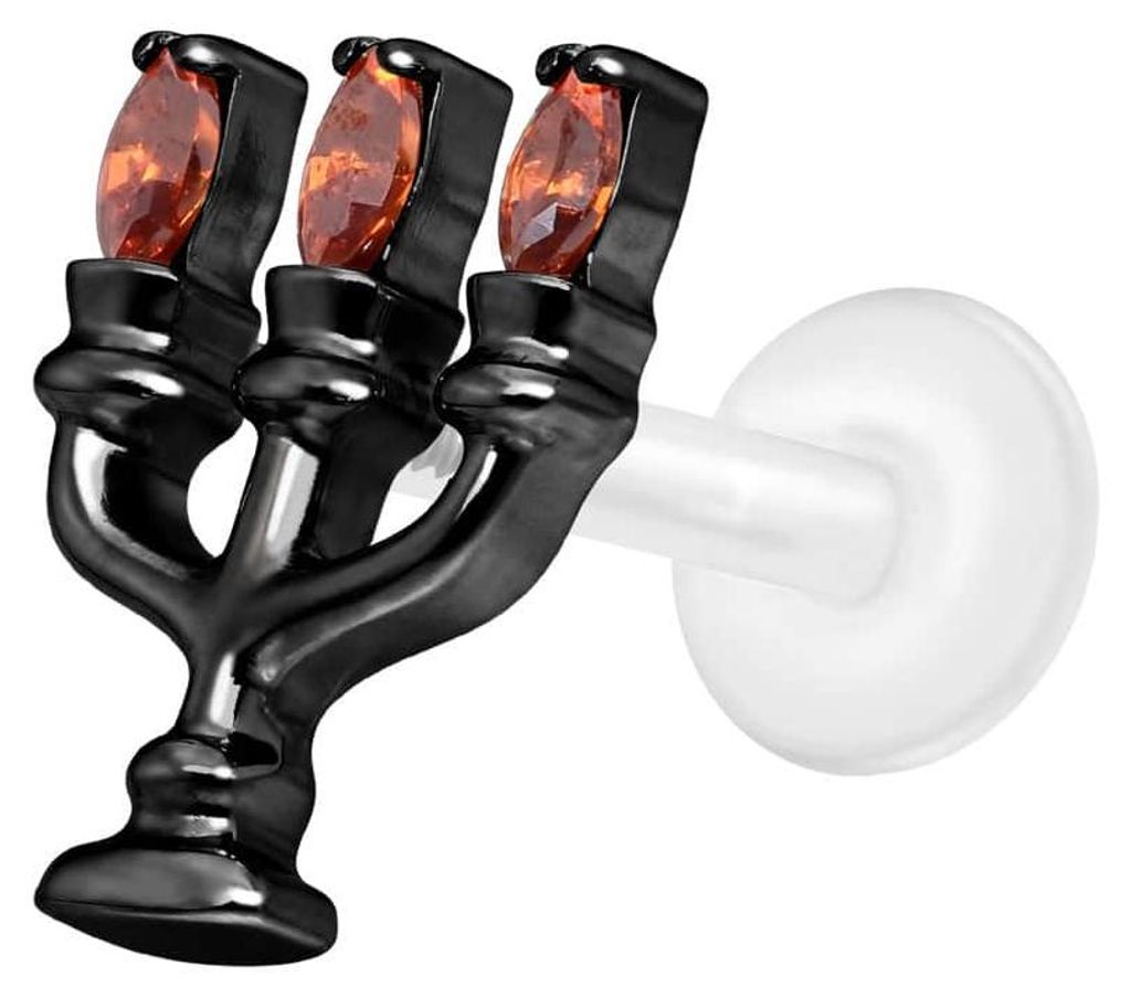 Ohrpiercing, Nasenpiercing PTFE Labret mit Innengewinde + Titan-Aufsatz KERZENLEUCHTER Schwarz Stablänge: 9mm | Stabstärke: 1,2mm