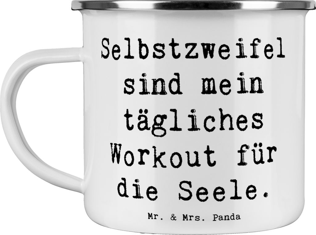 Mr. & Mrs. Panda Emaille Tasse Spruch Selbstzweifel Workout - Weiß - Geschenk, Reisebecher, tägliches, tiefgründig, Teetasse, Motivtasse, Zitat,...