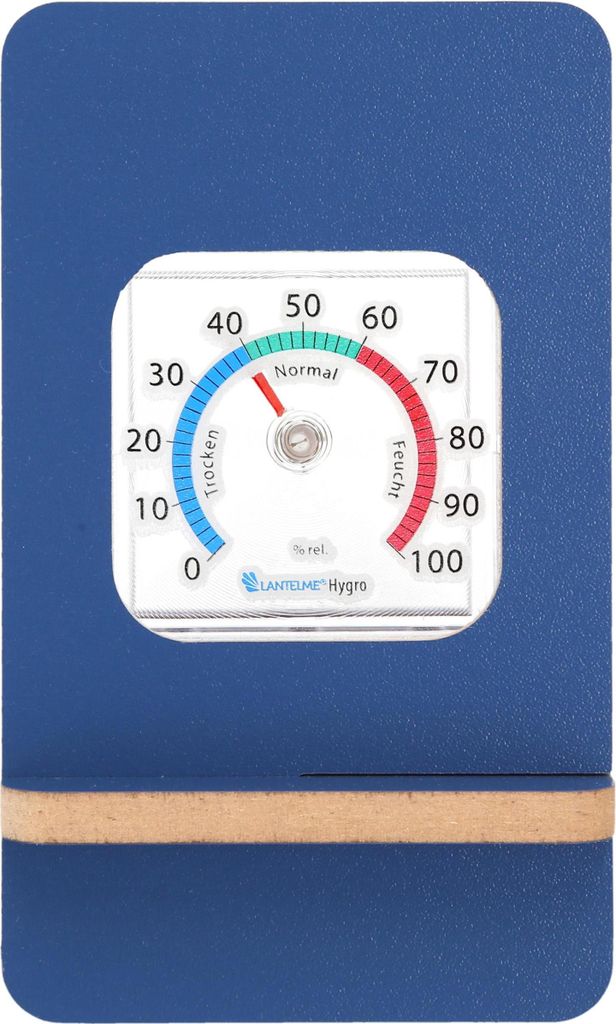 Hygrometer in Holzrahmen Blau Analog zum hinstellen Innen Zimmer Luftfeuchtemesser Kunststoff mit Holzständer Luftfeuchte 0 bis 100% rel. Raumklima