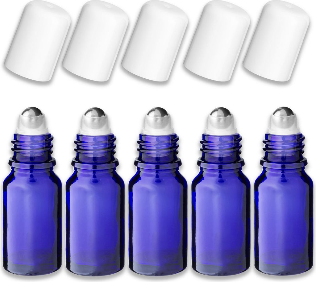 5x Blaue Glasflasche 10 ml Roll-On mit weißem Schraubverschluss 18 mm
