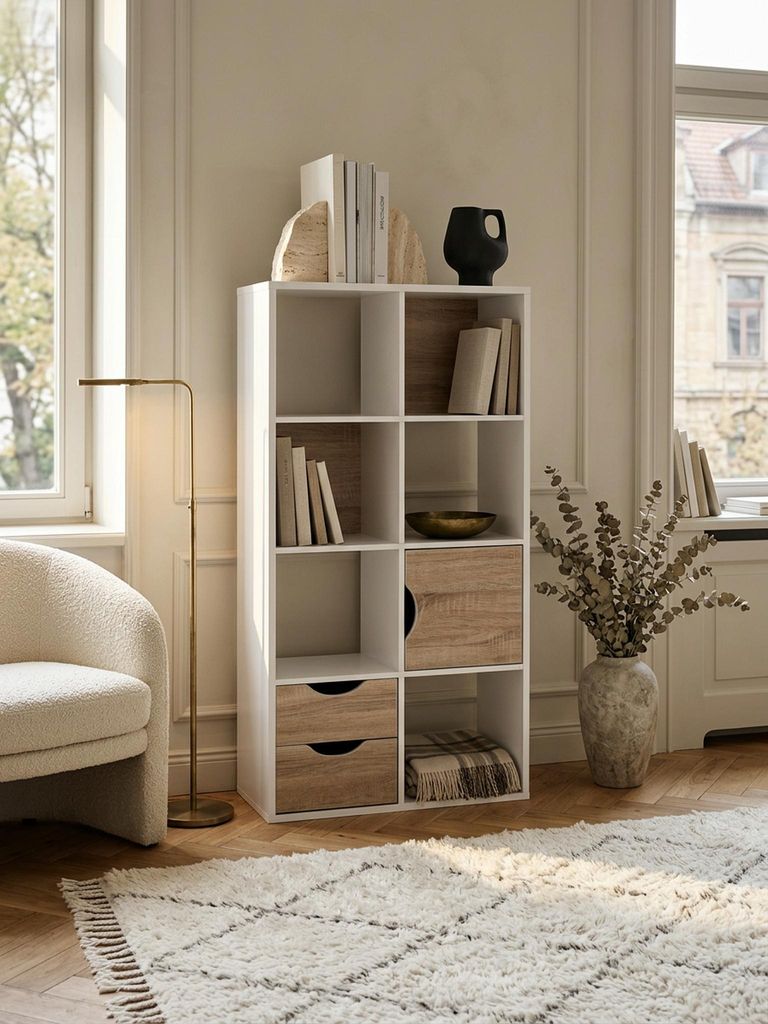 Bücherregal MASSA 60 x 120 x 29 cm Weiß Sonoma Eiche mit Schubladen und Tür