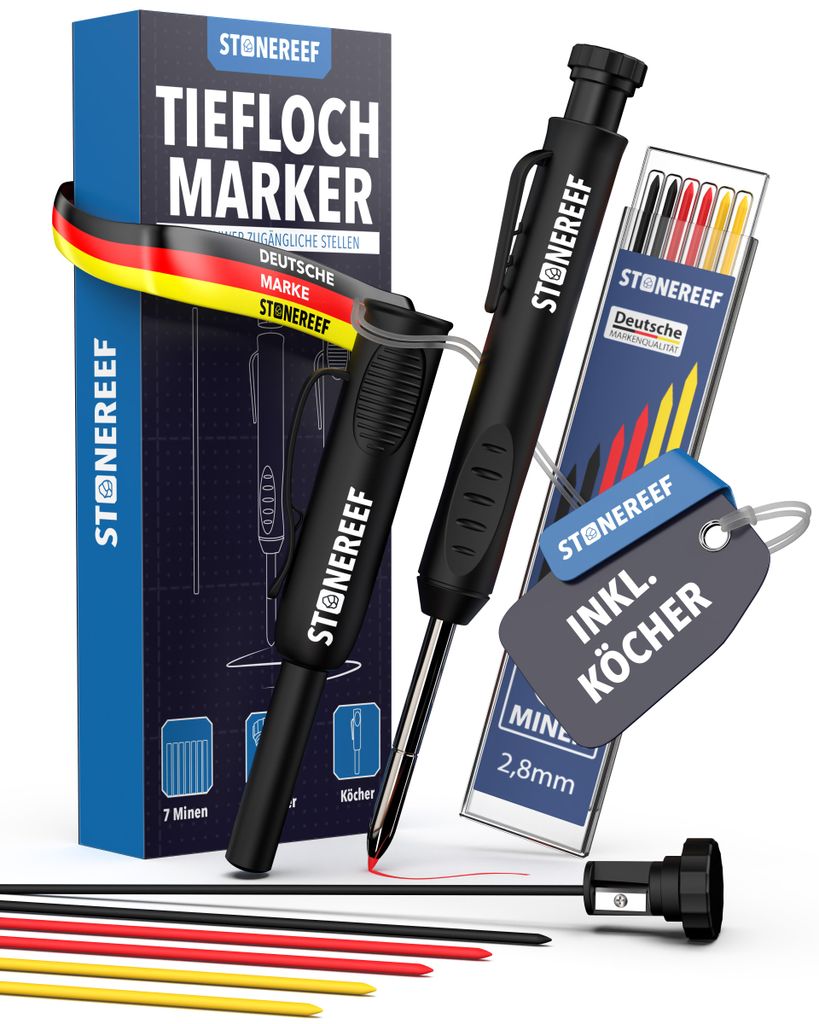 Tieflochmarker mit Köcher - Bohrlochmarker Baubleistift + 6 Produktbild 
