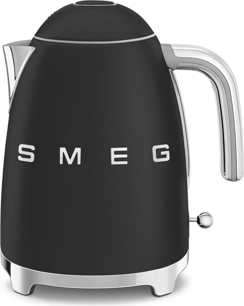A black Smeg kettle with silver accents is shown against a white background.