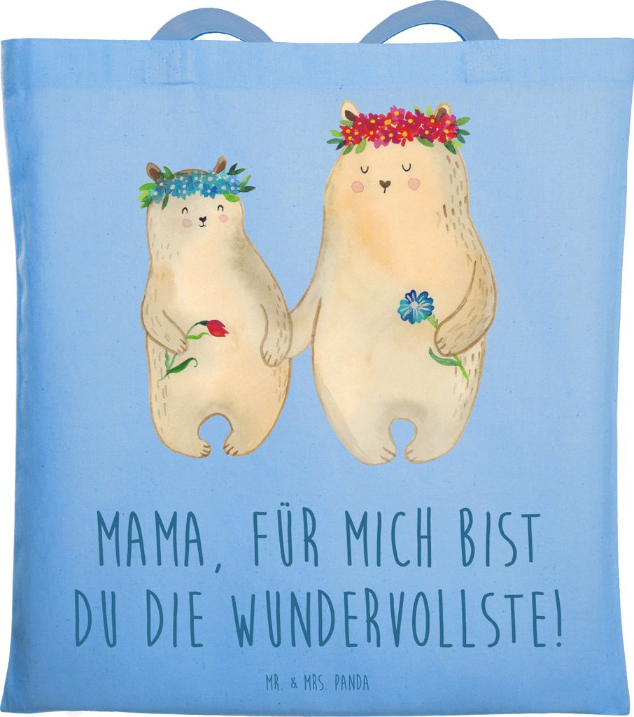 Mr. & Mrs. Panda Shopping Tasche Bären mit Blumenkranz - Sky Blue - Geschenk, Family, Baumwolltasche, Muttertag, Tochter, Schultasche, Vorbild, La...