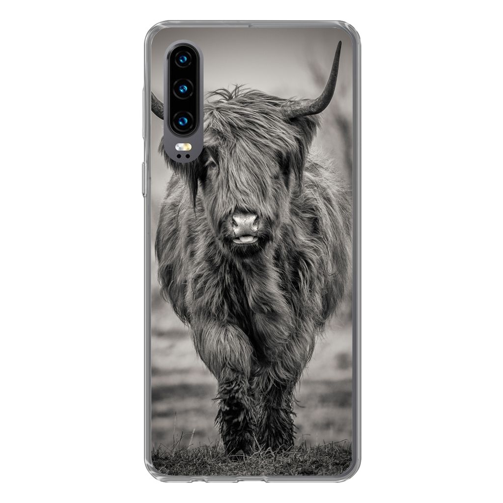 MuchoWow Handyhülle Schutzhülle Hülle für Huawei P30 Schottischer Highlander - Schwarz und Weiß Silikon Softcase Handy Hülle - Kartenbesitzer