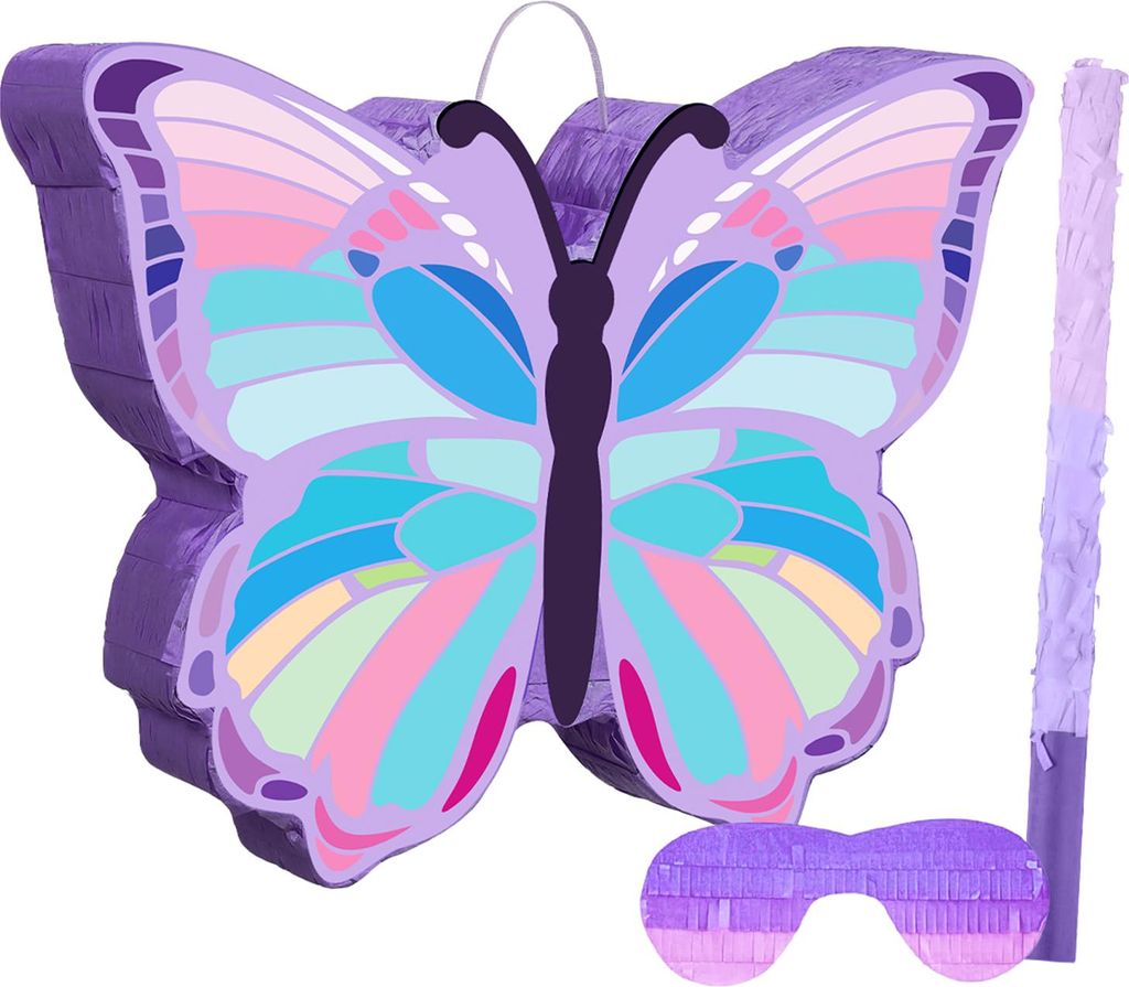Schmetterlings-Piñata für Kinder, Zugschnur-Piñata mit Stab, Augenbinde, Konfetti für Mädchen, interaktives Geburtstagsparty-Zubehör für Fot...