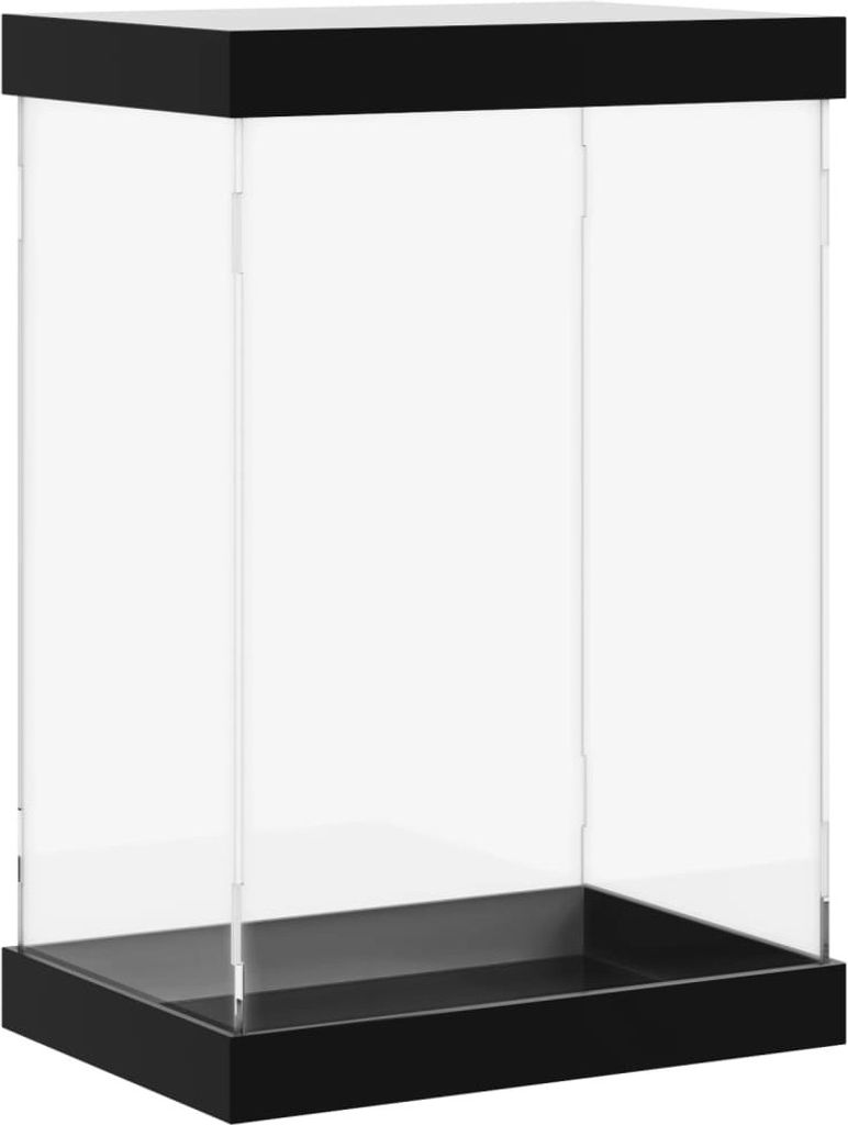 A clear, studio shot of an empty acrylic display case with a black base and top.