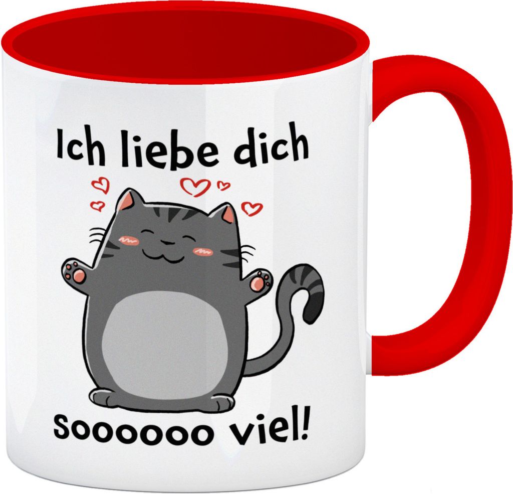 Ich liebe dich soooooo viel Kaffeebecher Rot mit niedlicher Katze