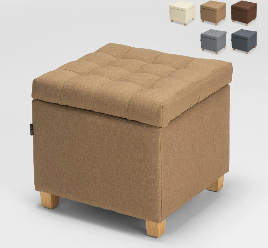 Tabouret de rangement beige avec coussin matelassé café pour salon
