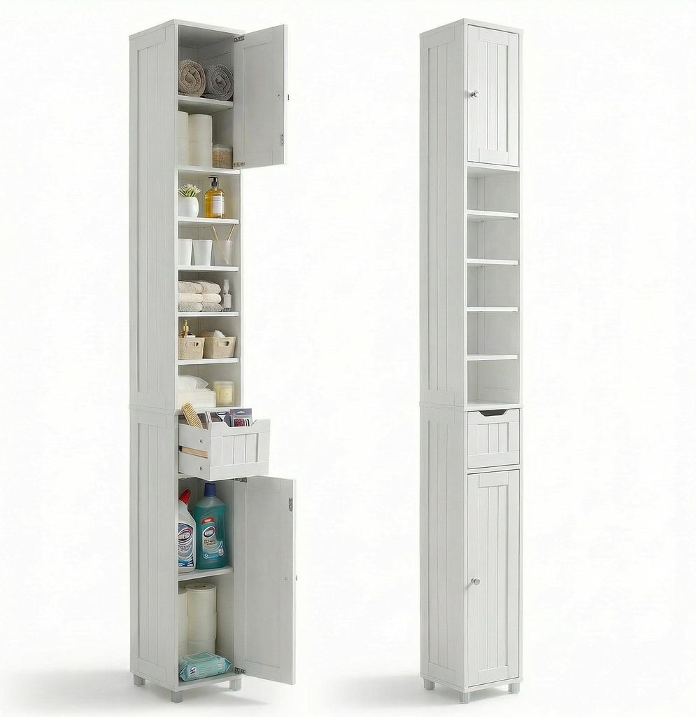 VOUNOT Badezimmerschrank Hoch mit 2 Türen und 1 Schublade, Badschrank Schmal, Badezimmer Hochschrank, 20x20x180cm, Weiss