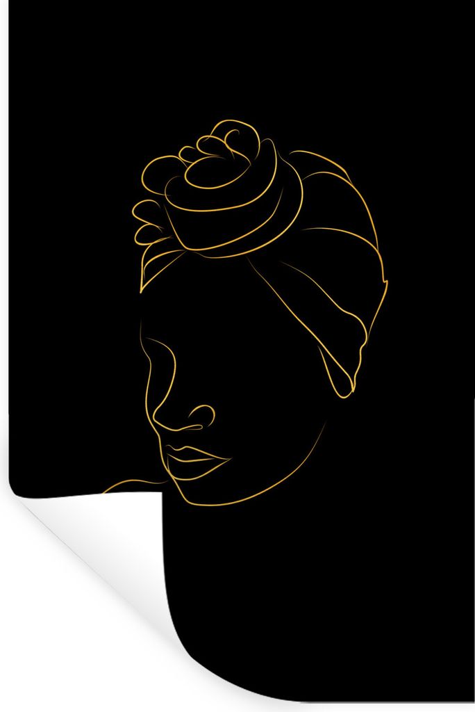 MuchoWow Wandtattoo Wandsticker Wandaufkleber Frau - Kopftuch - Schwarz und Gold - Strichzeichnung 80x120 cm Selbstklebend und Repositionierbar -...
