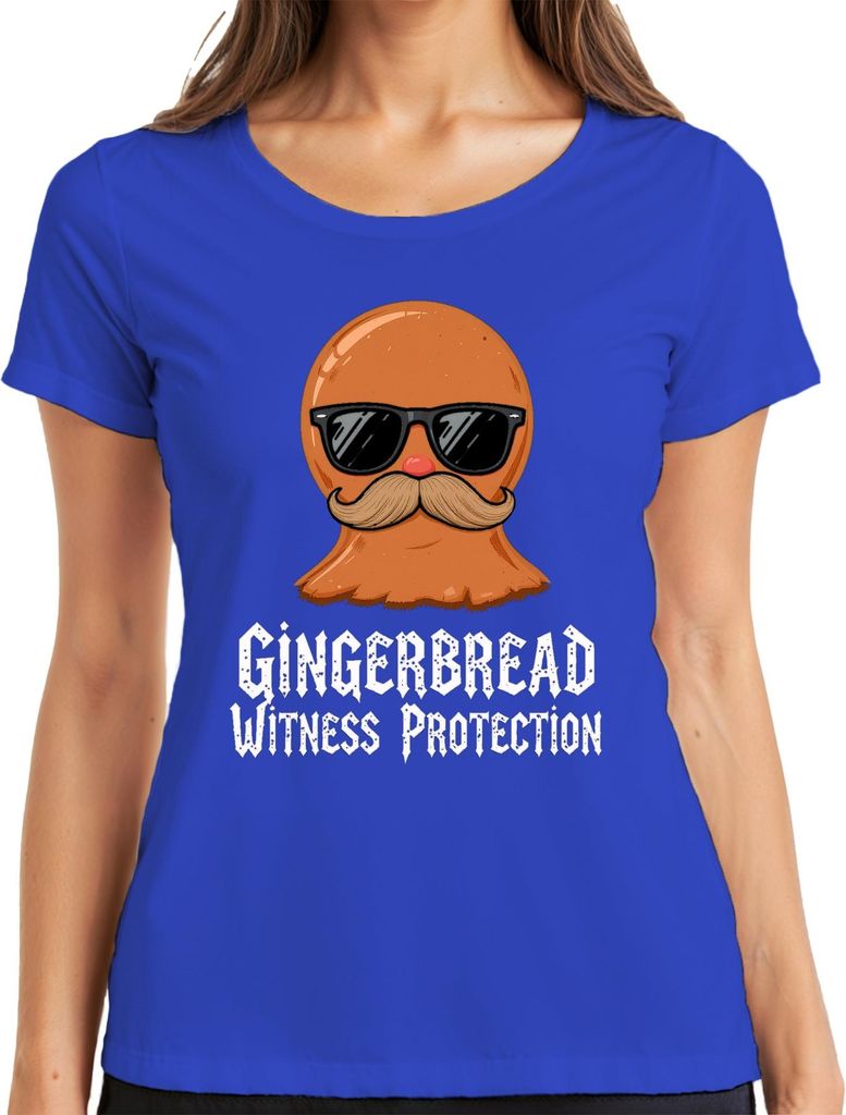 Gingerbread Witness Protection lustig Schnurrbart Sonnenbrille Damen T-Shirt, Blau, XXL