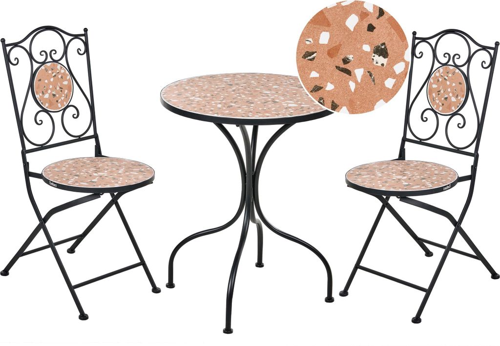 BELIANI Bistro Set Schwarz Eisen Metall Terrazzo Optik Vintage Stil Klappbar Gartenstühle und Gartentisch Balkon Set Outdoor Garten Terrasse