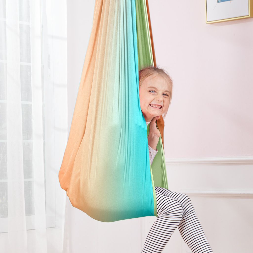 Kinderhängematte, Indoor-Therapie-Kuschelschaukel mit 360 ° drehbarer Deckenhaken, verstellbare Yoga-Lufthängematte Oranger Verlauf