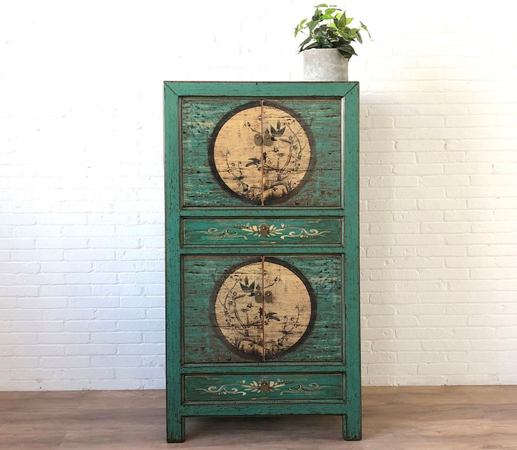 OPIUM OUTLET Vintage Schrank Hochzeitsschrank aus China, hohe Kommode Sideboard Landhaus Antik-Stil asiatisch orientalisch chinesisch fernöstlich ...