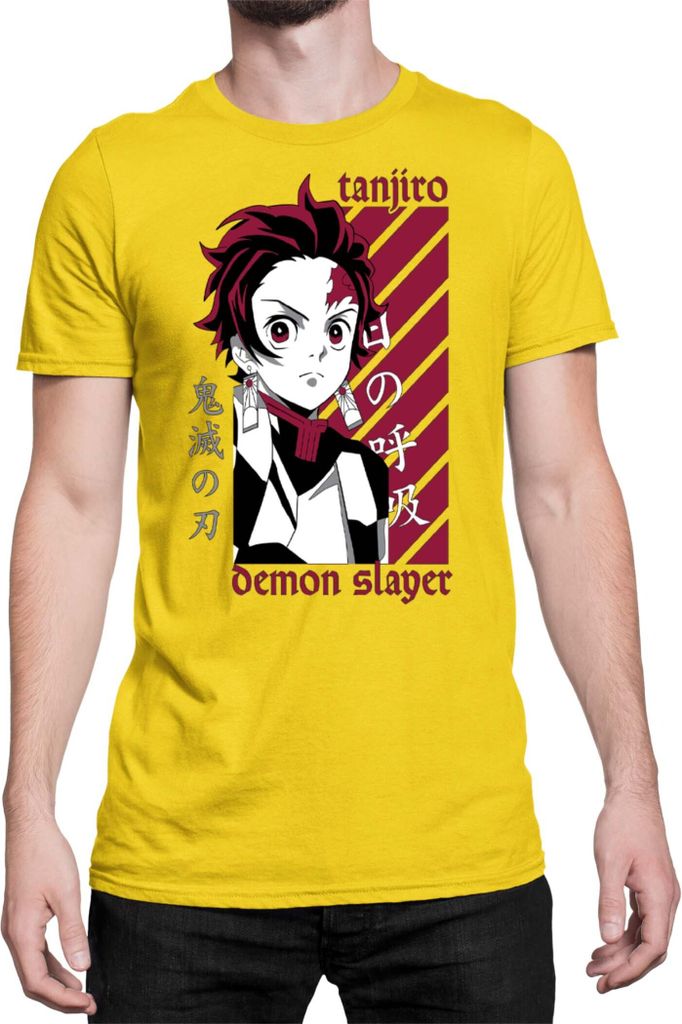 Herren T-Shirt Demon Anime Slayer Kimetsu No Yaiba Tanjiro Kamado 009, Man XL / Gelb