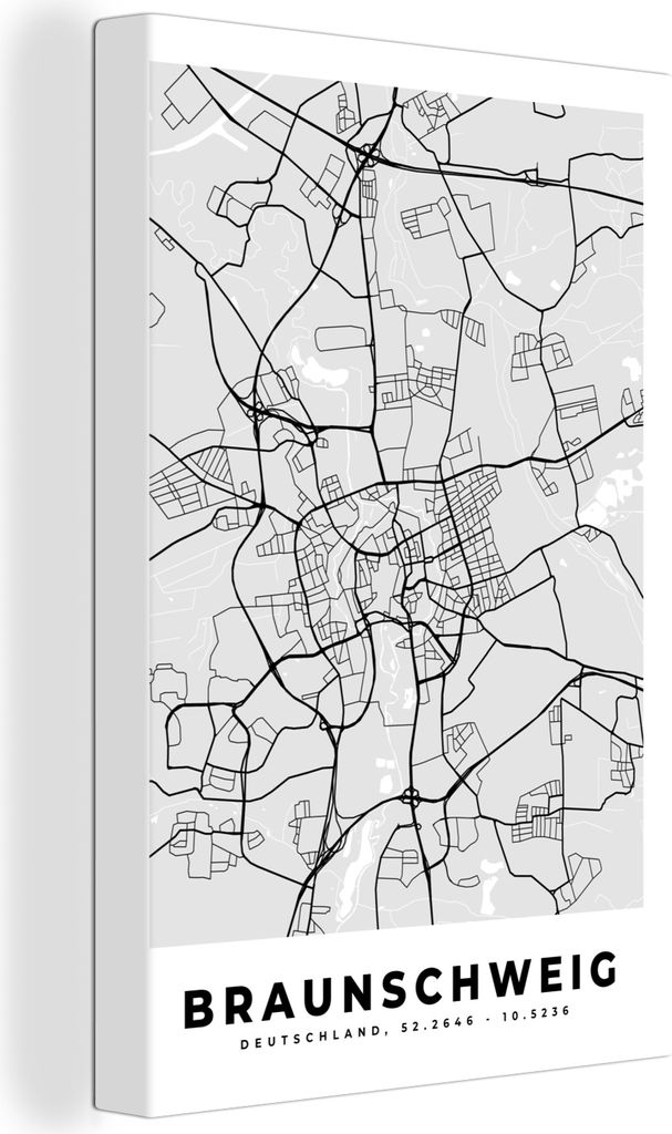 OneMillionCanvasses - Leinwandbilder - 90x140 cm, Deutschland - Stadtplan - Karte - Braunschweig, Wandbilder Kunstdruck Wanddekoration - Foto auf...