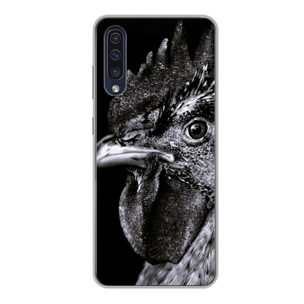 MuchoWow Handyhülle Schutzhülle Hülle für Samsung Galaxy A50 Hahn - Vogel - Schwarz - Weiß Silikon Softcase Handy Hülle - Mobiltelefonhülle