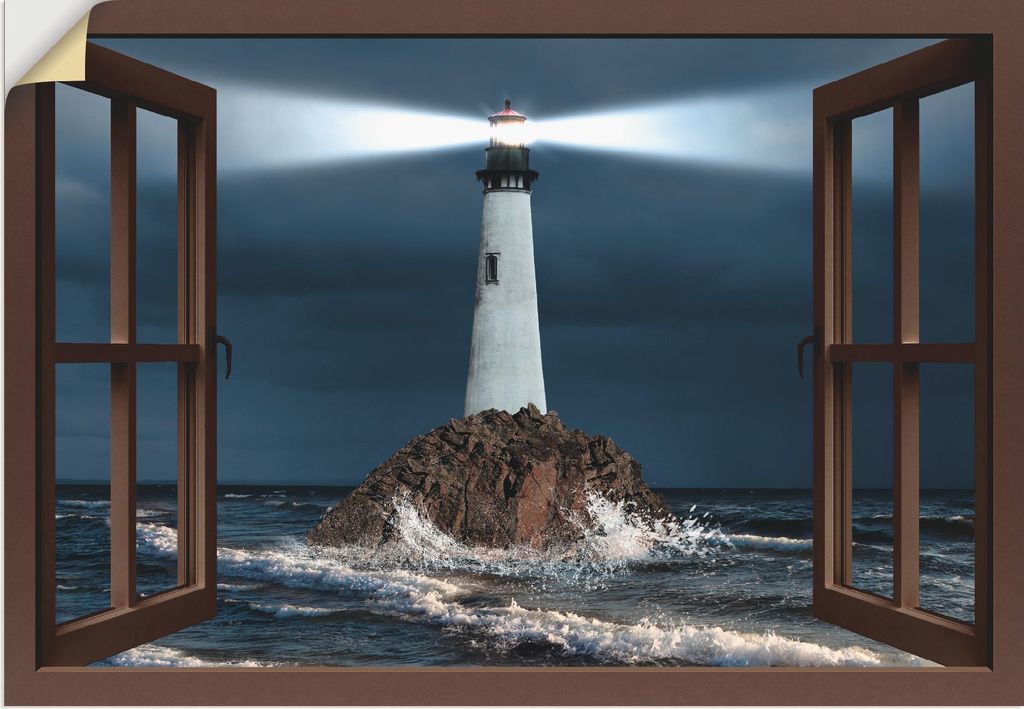 ARTland Wandbild, selbstklebend Fensterblick Leuchtturm mit Lichtstrahl Größe: 130x90 cm
