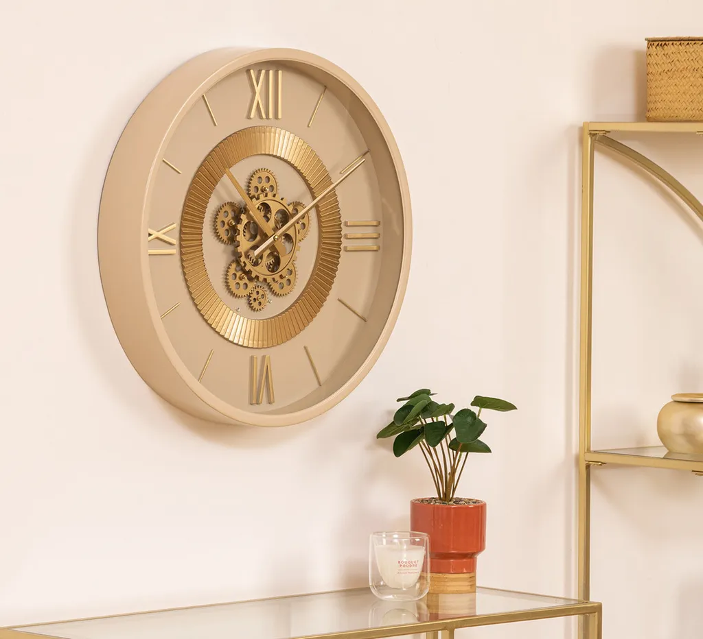 Horloge mécanisme apparent métal beige 50 cm - Style authentique chic