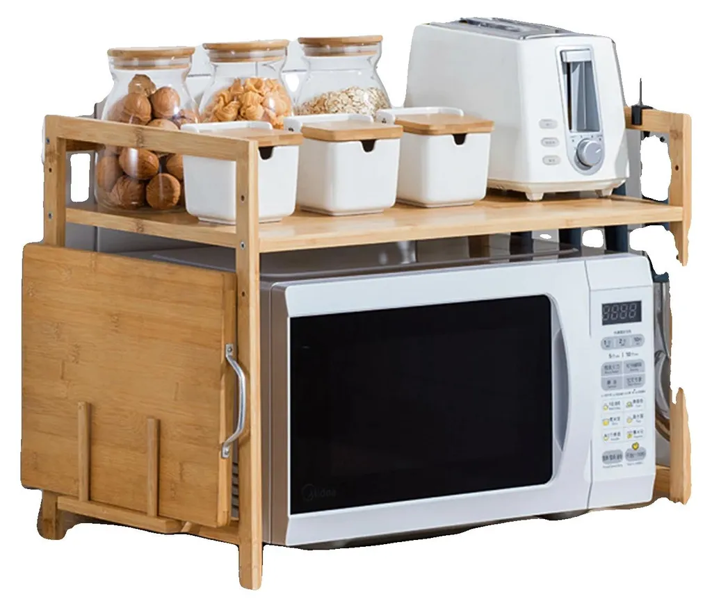 Étagère four à micro-ondes en bambou naturel, design ouvert 2 niveaux