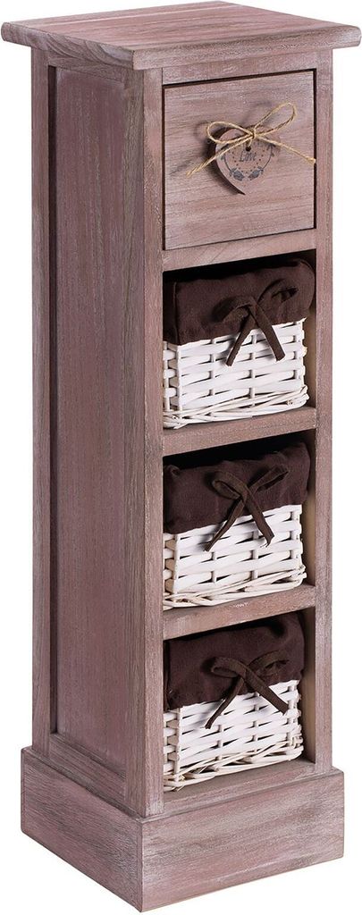 A tall, narrow wooden storage unit with one drawer and three woven baskets.