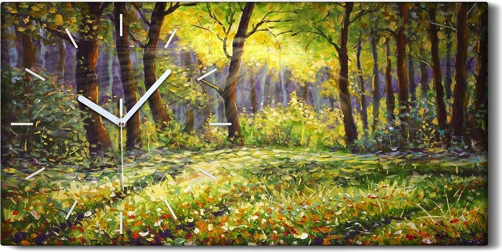 Wanduhr Bürouhr Leinwand Bild Geräuschlos 60x30 Malerei Wald Bäume Blumen Natur - weiße Hände